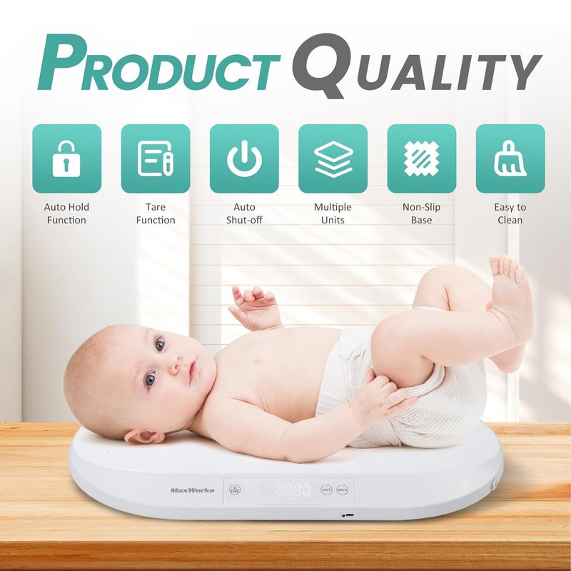 Maxworks 51075 Baby & Pet Scale – 88 lbs Capacity, Type-C Rechargeable or AAA Battery, Large Platform, Unit Conversion, Lock & Tare, White (g/kg/lb/oz) - Image 3